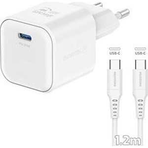 Swissten sieťový adaptér GaN 1× USB-C 20 W Power Delivery + dátový kábel USB-C/USB-C 1,2 m biely